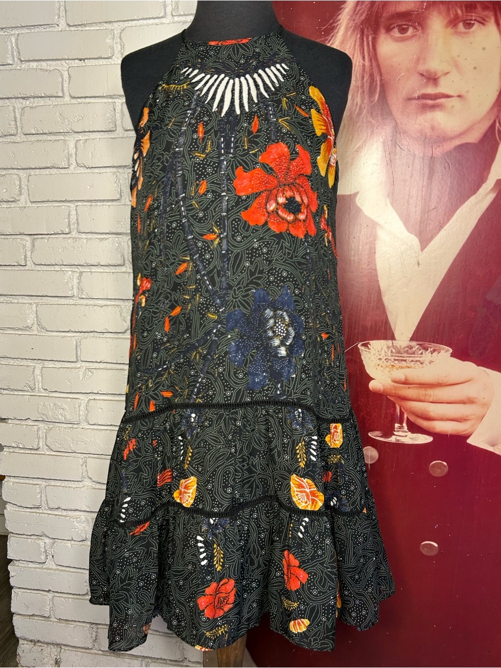 Kobi Halperin Black Halter Mini Dress with Red, Orange & Blue Floral print
